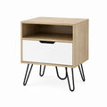Wood and Metal Nightstand with Drawer and Open Shelf Oak/White