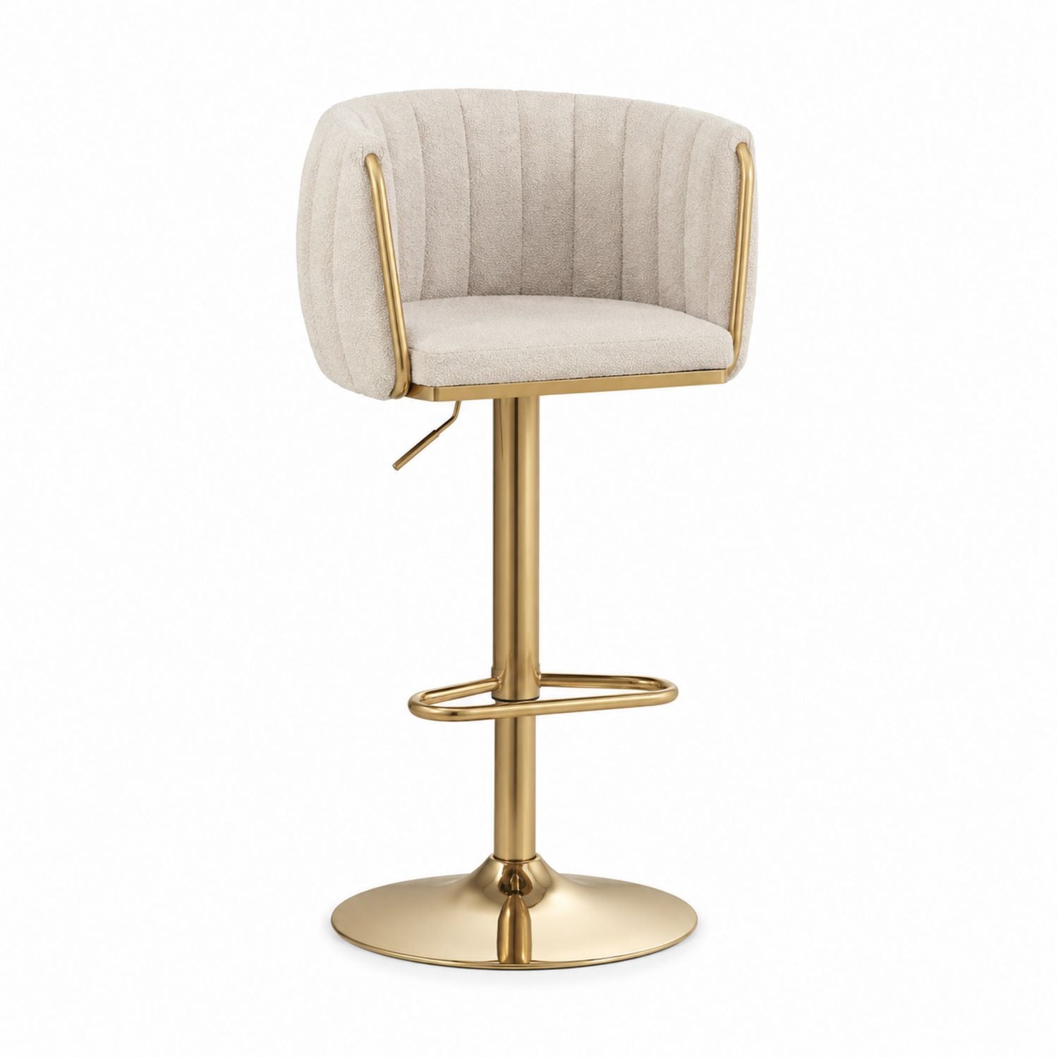 Swivel Bar Stool with Metal Base and Beige Polyester Upholstery