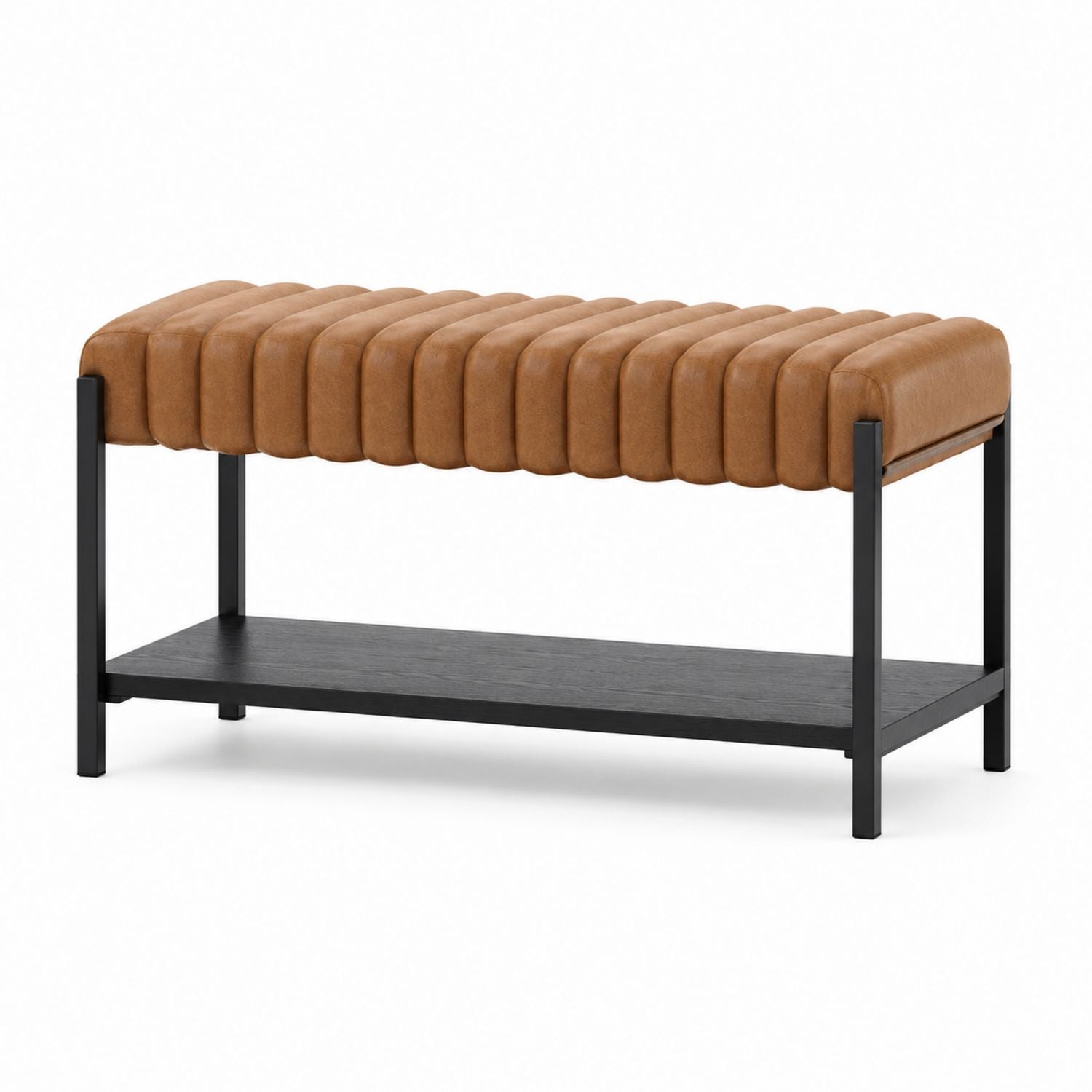 Faux Leather Bench with Black Metal Frame and Shelf