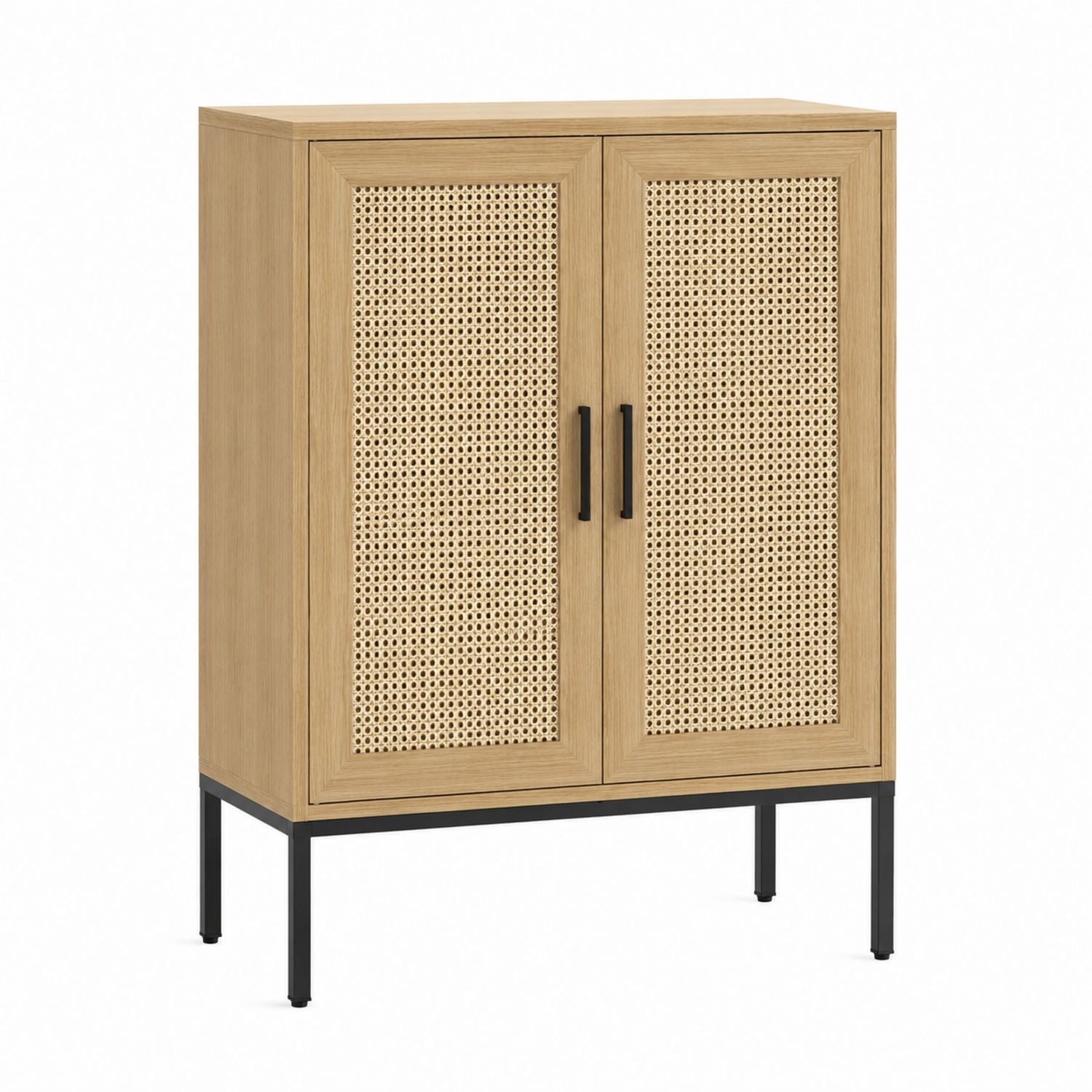Wood and Cane Storage Cabinet with Black Metal Legs 80cm x 40cm x 120cm