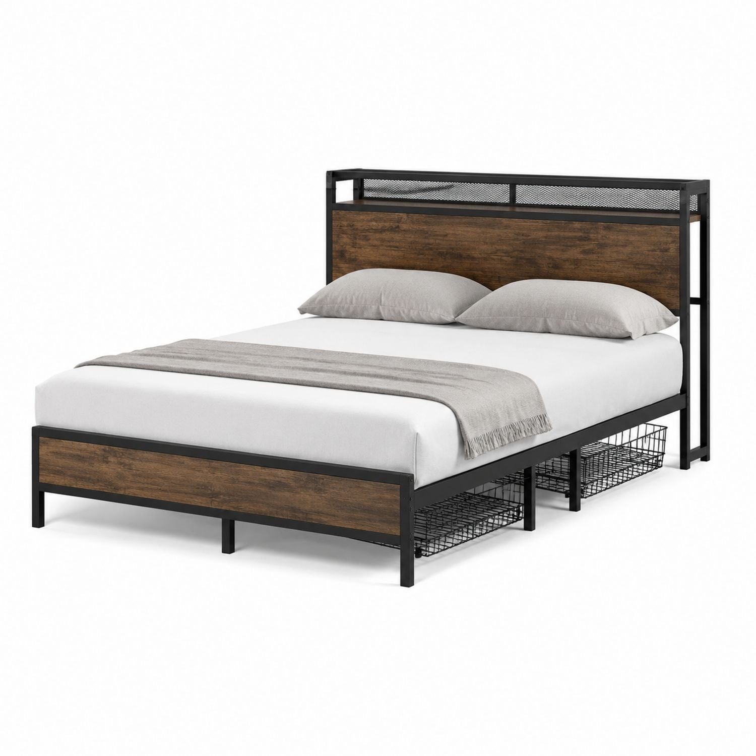Queen Size Metal and Engineered Wood Platform Bed Frame with Storage