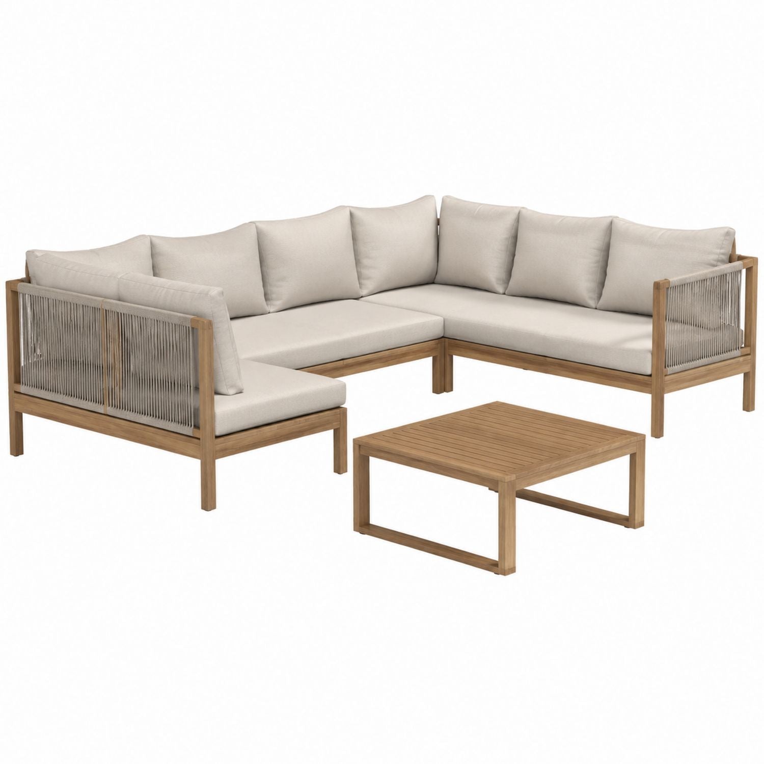 L-Shaped Outdoor Sectional Sofa Set with Teak Frame and Beige Cushions