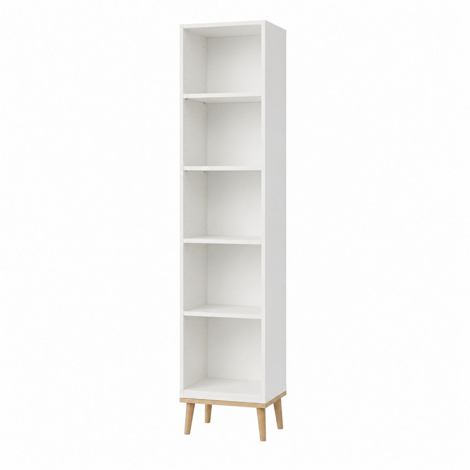 Tall White Wood Bookcase with 5 Shelves and Natural Legs 190cm