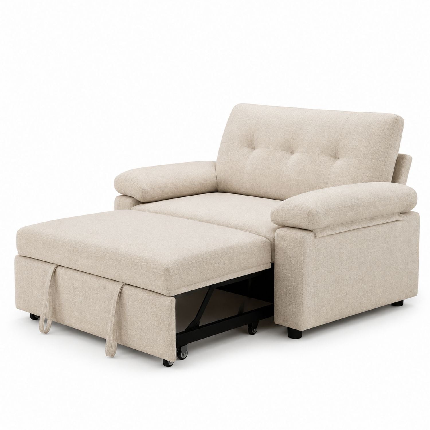 Beige Linen Sofa with Adjustable Backrest and Pull-Out Bed