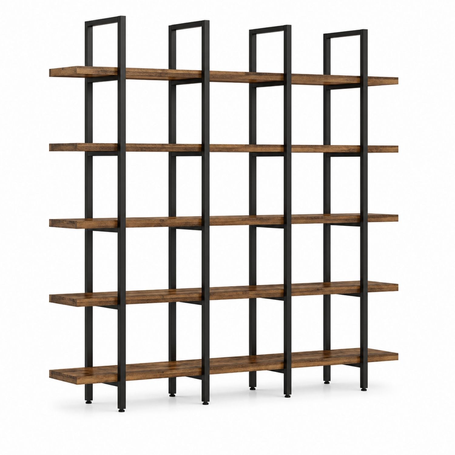 5-Tier Industrial Bookshelf with Iron Frame and Solid Oak Shelves, 180cm Height