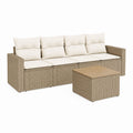 Outdoor Wicker Sectional Sofa Set with Beige Cushions and Acacia Table 4-Piece