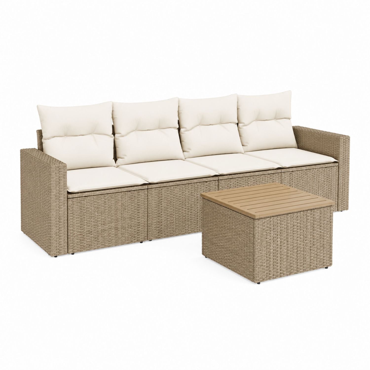 Outdoor Wicker Sectional Sofa Set with Beige Cushions and Acacia Table 4-Piece