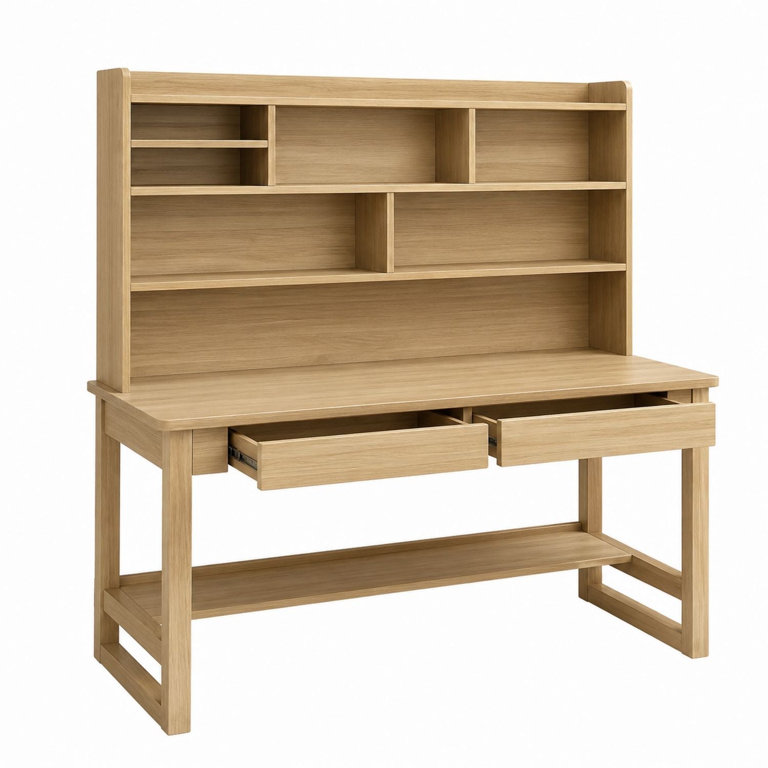 Wooden Office Desk with Hutch and Drawers, Natural Finish, 120x60x150 cm