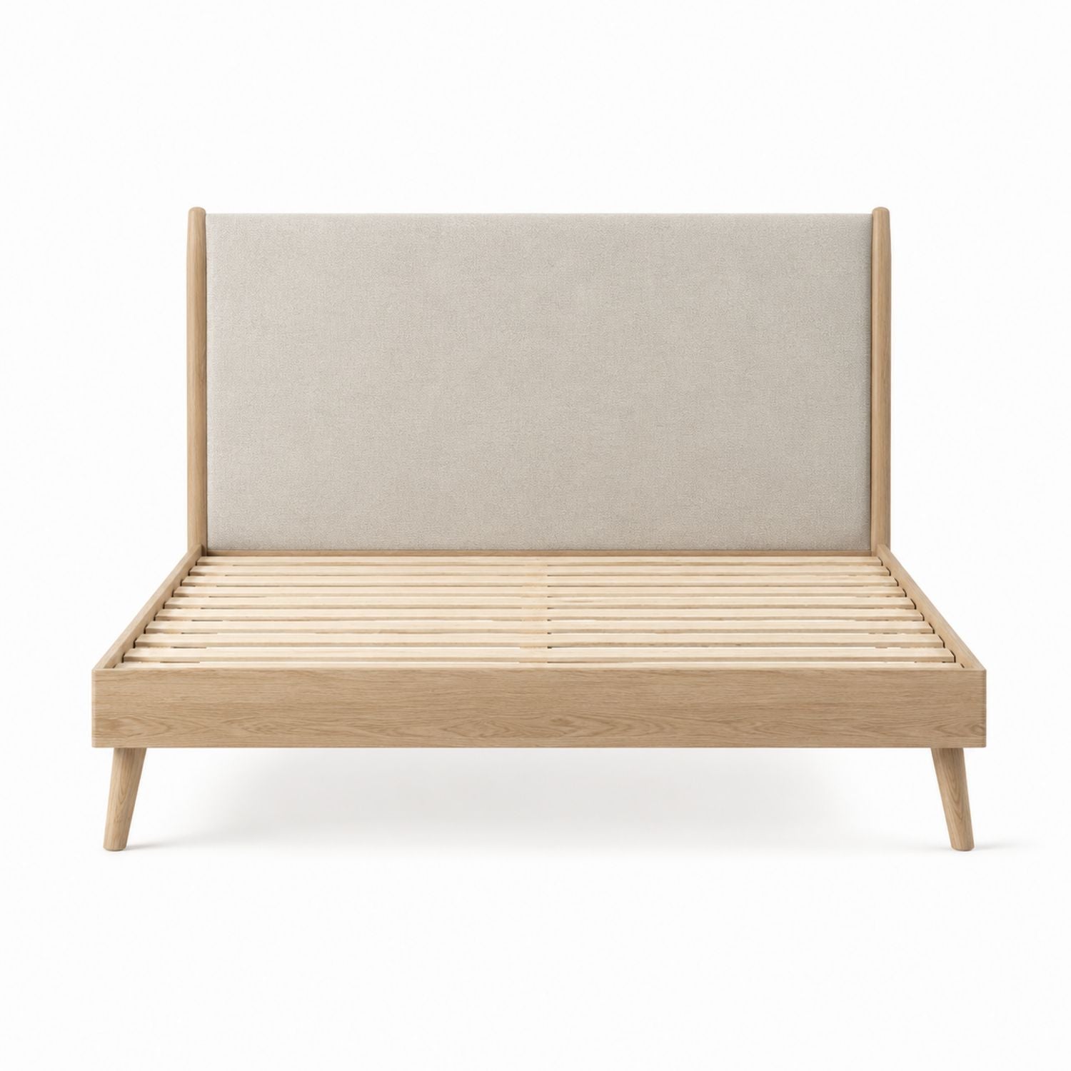 Upholstered Platform Bed Solid Oak and Fabric Beige Queen Size