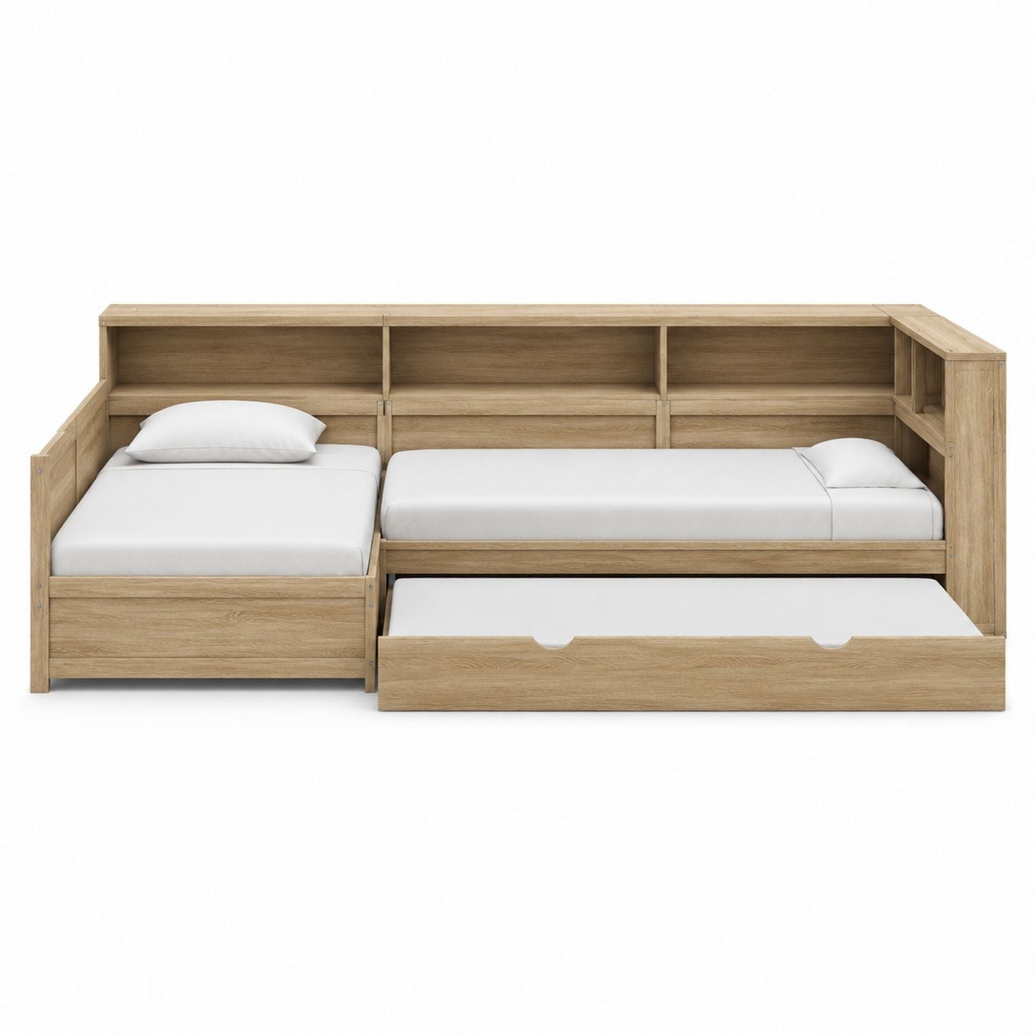 Engineered Wood Corner Bed with Pull-Out Trundle and Shelves