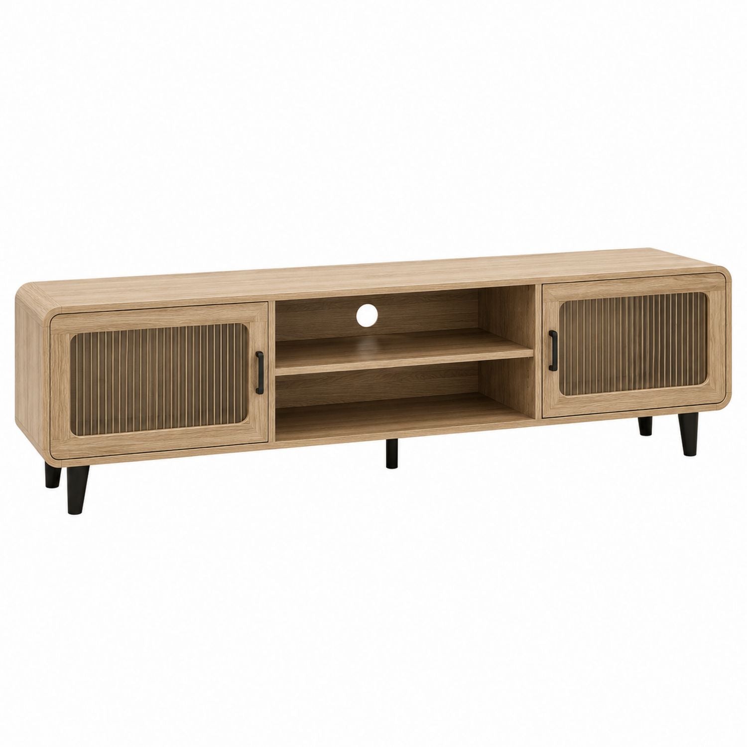 Wood TV Stand with Tempered Glass Doors and Shelves 180cm Natural Oak
