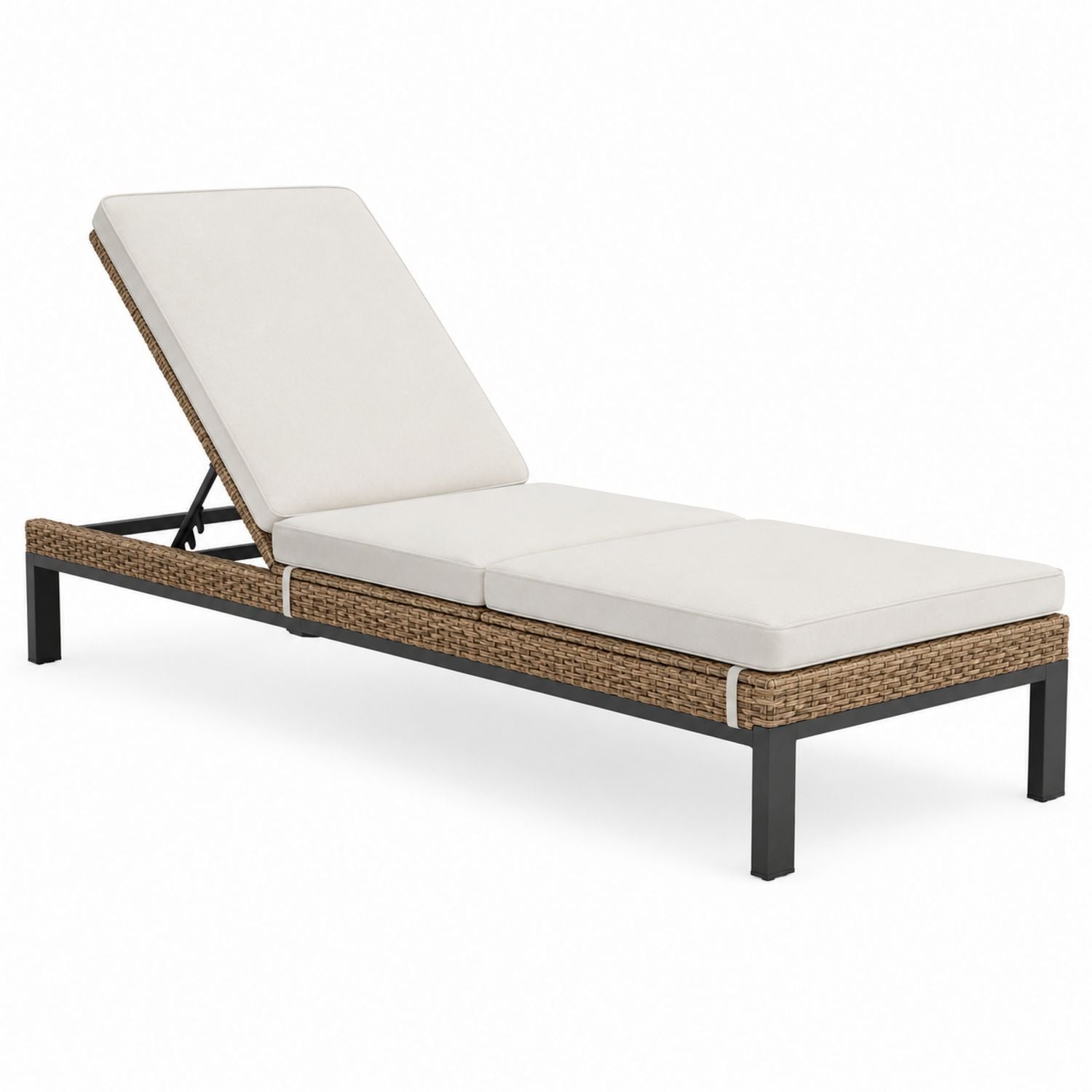Outdoor Chaise Lounge Rattan Frame with Polyester Cushions Adjustable Backrest