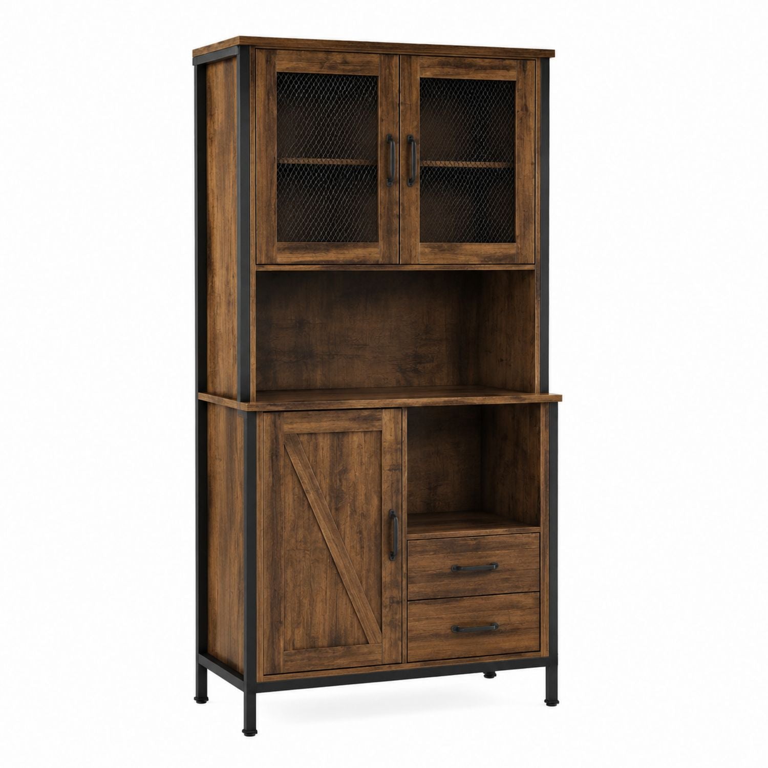 Wood and Metal Storage Cabinet with Mesh Doors and Drawers