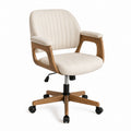 Modern Swivel Office Chair with Beige Polyester and Wooden Armrests