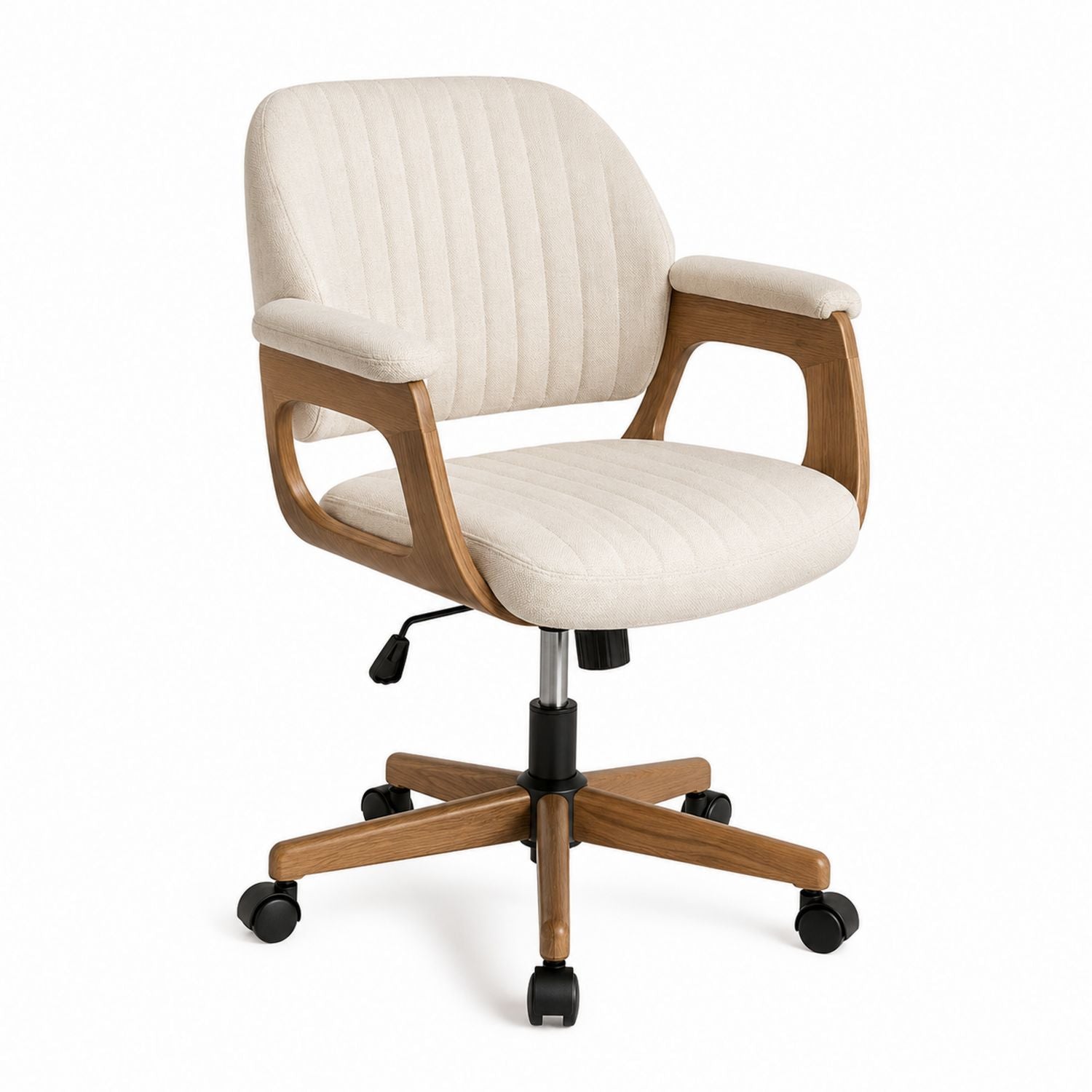 Modern Swivel Office Chair with Beige Polyester and Wooden Armrests