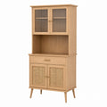 Wood Sideboard with Glass Doors and Rattan Panels Natural 40x18x72 Inches