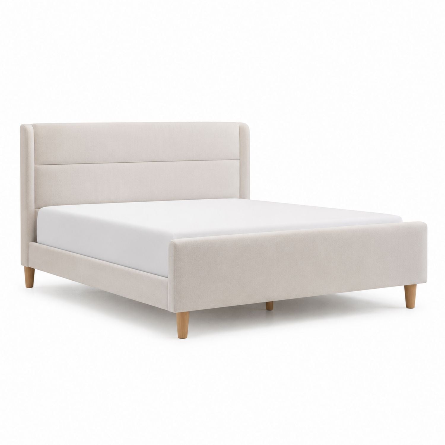 Velvet Upholstered Bed with Wood Legs, Queen Size 80x60 in, Beige