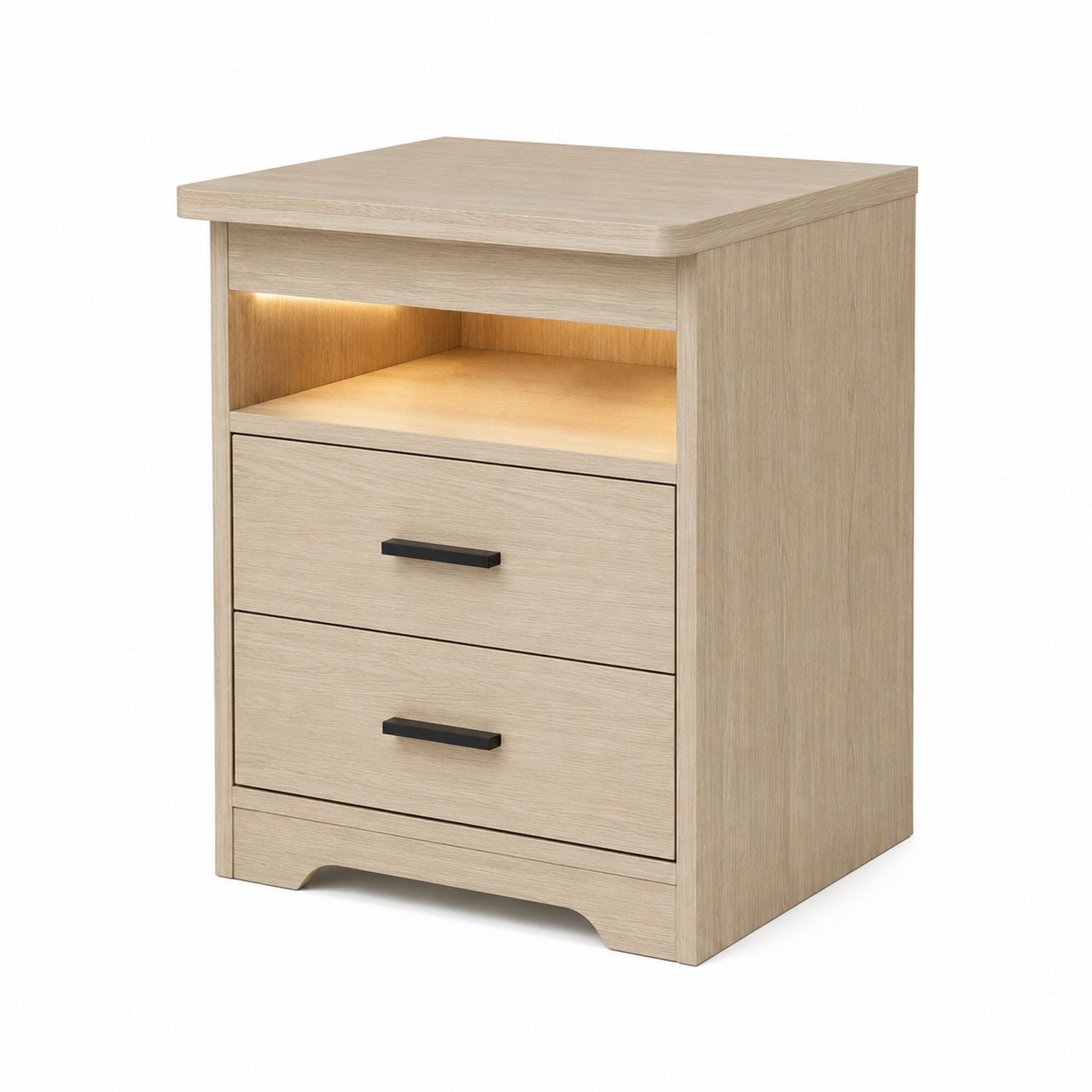 Wood Nightstand with LED Light Two Drawers Beige